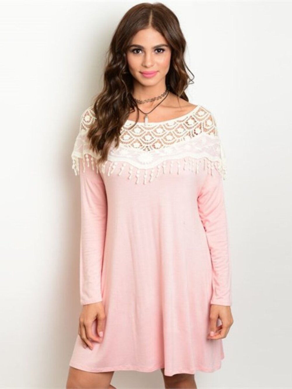 Women Lace Mini Dress Fringe Long Sleeve Crochet, Pink, Size S